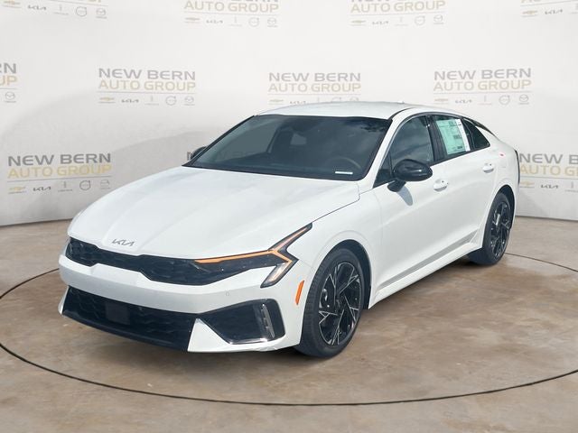 2026 Kia K5 GT-Line in Snow White Pearl — front three-quarter view