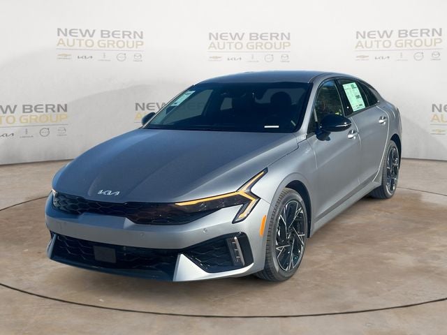 2026 Kia K5 GT-Line in Steel Matte Gray — front three-quarter view